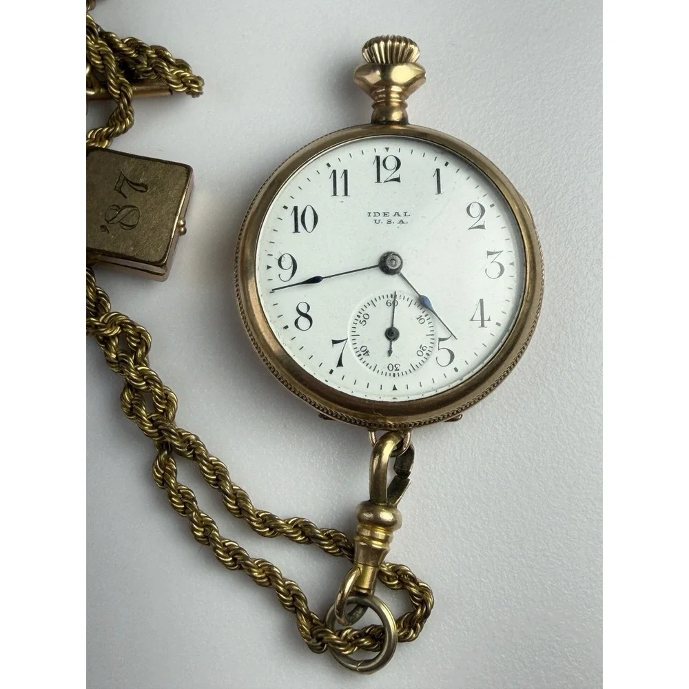 Antique Ideal USA Pocket Watch Gold Filled Chain Fob Running 40.84g